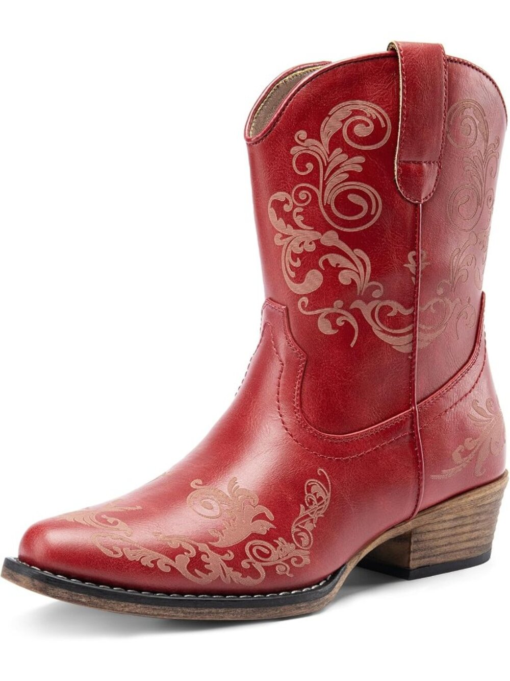 Women's Red Cowgirl Western Ankle Boots Square Toe Chunky Heels Short Booties